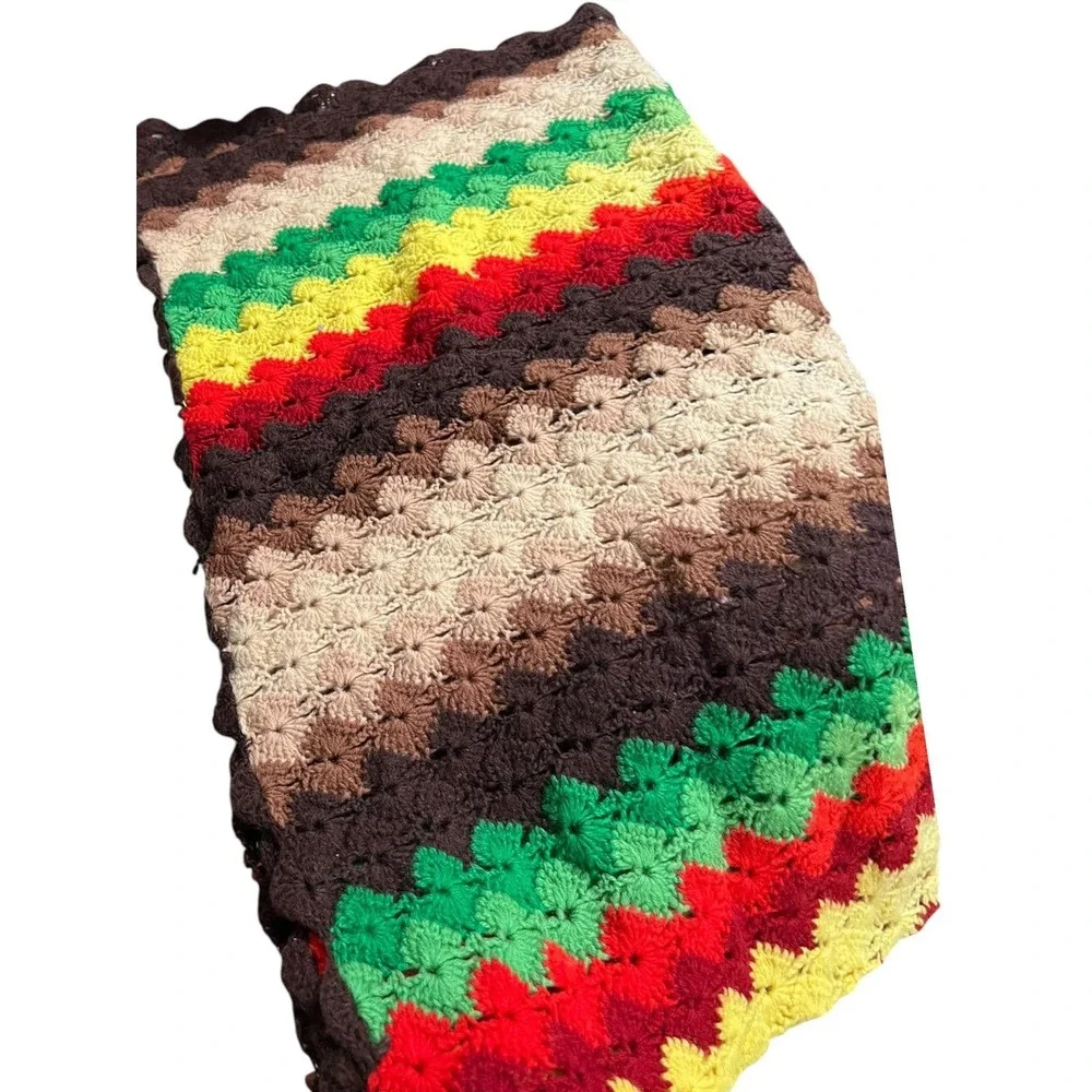 Handmade Crochet Throw Blanket Boho‎ Granny Stripe Cottagecore 70s